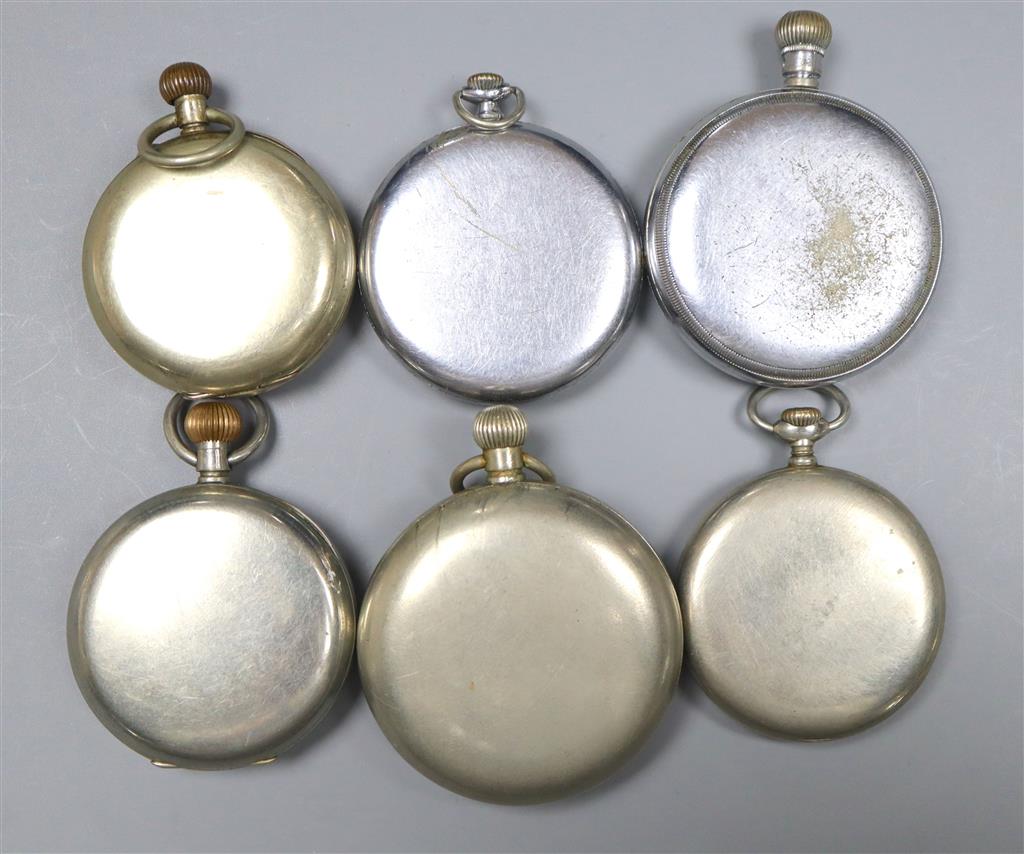 Five assorted base metal pocket watches.